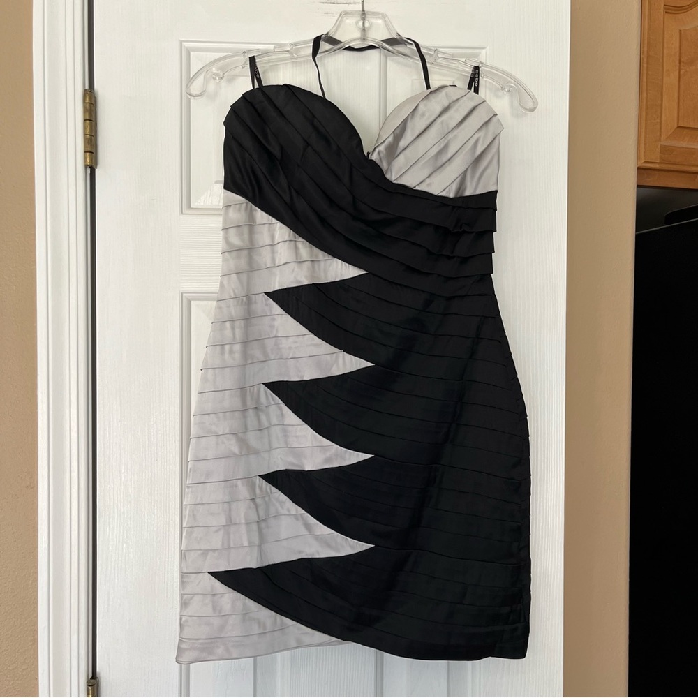 Bebe Silk Evening Party Cocktail Silver & Black Event Short Dress M EUC